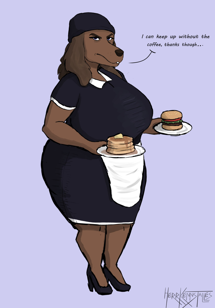 2022 absurd_res anthro apron beware_the_shadowcatcher big_breasts black_clothing black_dress breasts brown_body brown_fur brown_nose burger canid canine canis chubby_anthro chubby_female clothing curvy_figure dialogue domestic_dog dress female food footwear fur hat headgear headwear herrkennstalles hi_res high_heels huge_breasts long_ears looking_at_viewer mammal mature_female pancake plate sam_(bts) shoes simple_background slightly_chubby solo thick_thighs tight_clothing voluptuous waiter wide_hips