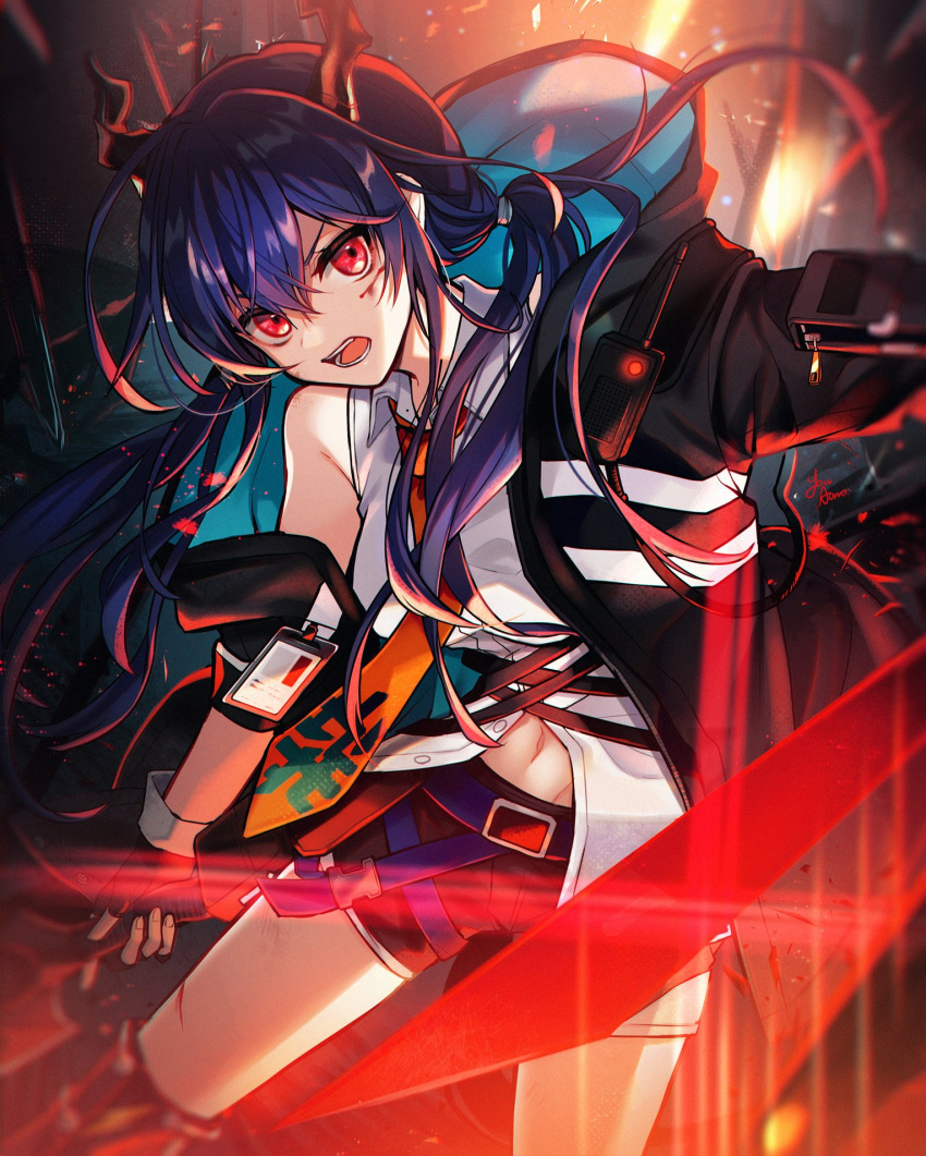 1girl aononchi arknights bangs black_gloves black_jacket blood blood_on_face ch'en_(arknights) cuts dragon_horns dual_wielding fingerless_gloves gloves hair_between_eyes highres holding holding_weapon hood hood_down horns id_card injury jacket long_hair navel necktie open_clothes open_jacket orange_necktie red_eyes shirt shorts signature single_horn solo weapon white_shirt