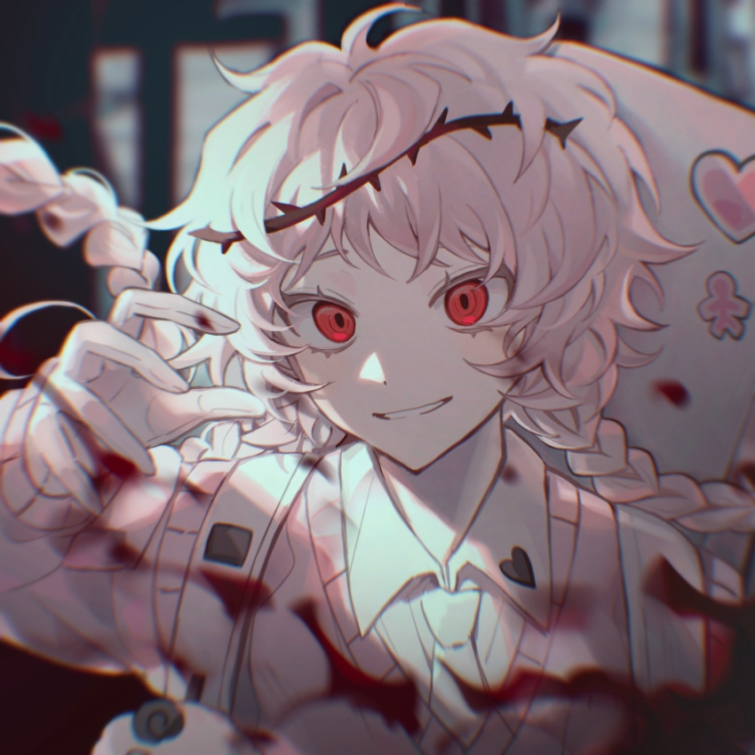1girl blood braid collared_shirt crazy_eyes e.g.o_(project_moon) employee_(lobotomy_corporation) gloves grin highres lobotomy_corporation long_hair long_sleeves necktie pollity portrait project_moon shirt smile solo twin_braids white_gloves white_hair white_necktie white_shirt