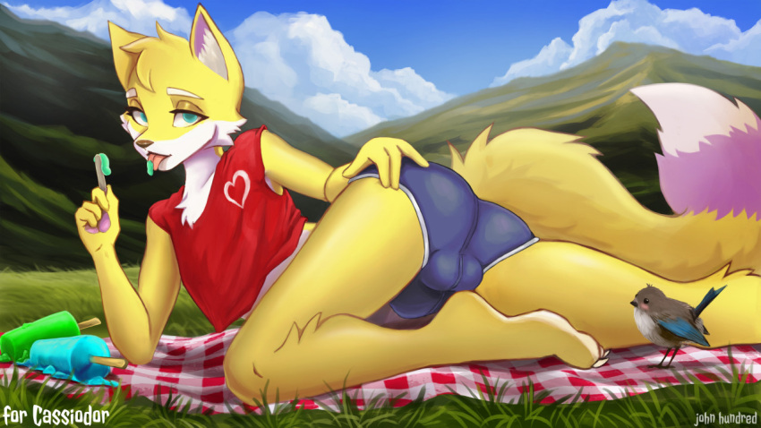 &lt;3 anthro avian bedding bird blanket blue_eyes bottomwear bulge butt canid canine clothing food fox hand_on_butt hotpants john_hundred lying male mammal on_side outside pawpads plaid popsicle popsicle_melting presenting presenting_hindquarters red_clothing shorts solo yellow_body