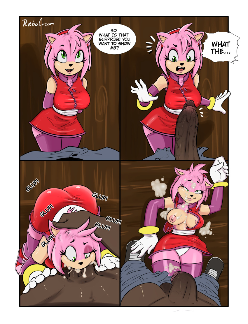 amy_rose anthro bodily_fluids breasts butt clothed clothing cum cum_in_mouth cum_inside dark_body dark_skin dialogue duo edit erection eulipotyphlan faceless_character faceless_male fellatio female fur genital_fluids genitals green_eyes hedgehog hi_res human human_on_anthro interspecies looking_pleasured male male/female mammal nipples open_mouth open_smile oral panties partially_clothed penile penis pink_body pink_fur robocream sega sex smile sonic_the_hedgehog_(series) speech_bubble teeth underwear vein veiny_penis