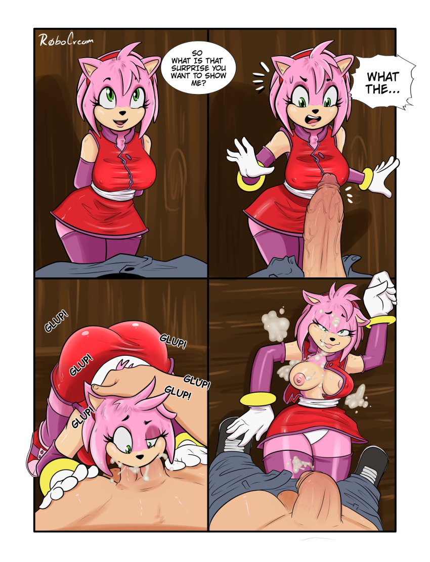 amy_rose anthro bodily_fluids breasts butt clothed clothing cum cum_in_mouth cum_inside dialogue duo erection eulipotyphlan faceless_character faceless_male fellatio female fur genital_fluids genitals green_eyes hedgehog hi_res human human_on_anthro interspecies light-skinned_male looking_pleasured male male/female mammal nipples open_mouth open_smile oral panties partially_clothed penile penis pink_body pink_fur robocream sega sex smile sonic_the_hedgehog_(series) speech_bubble teeth underwear vein veiny_penis