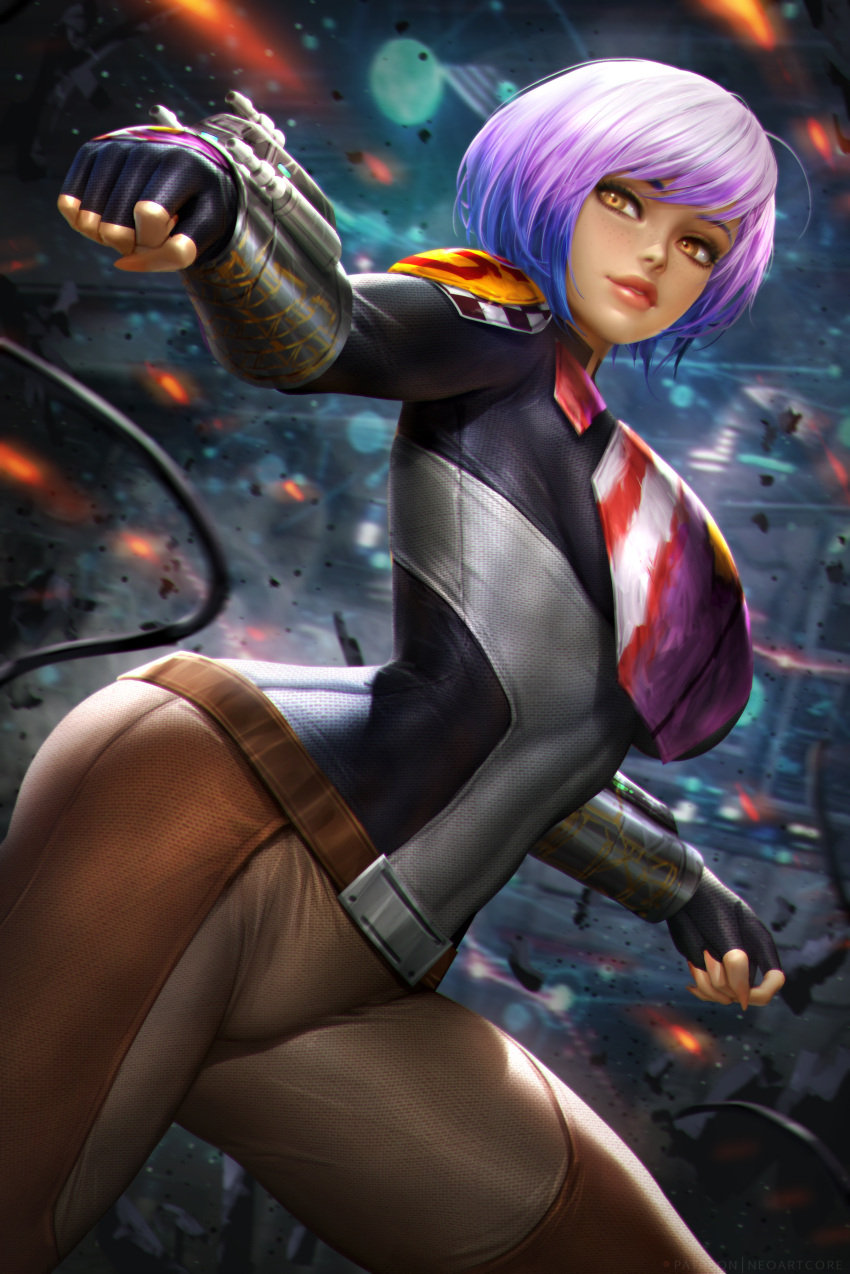 absurdres arm_mounted_weapon ass breasts highres huge_ass huge_breasts neoartcore non-web_source orange_hair purple_hair sabine_wren skinsuit star_wars star_wars:_rebels