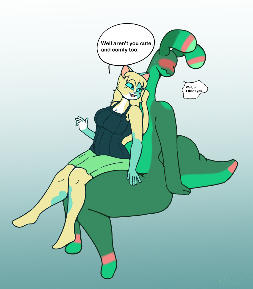 absurd_res anthro aquatic_gastropod blush clothed clothing domestic_cat dominant dominant_female duo felid feline felis female gastropod hi_res humanoid long_neck male male/female mammal marine mollusk on_lap sea_slug shy simple_background sitting_on_lap slug tail thick_tail thick_thighs timid tyler_(the_sea_slug) tyler_3d_(artist)