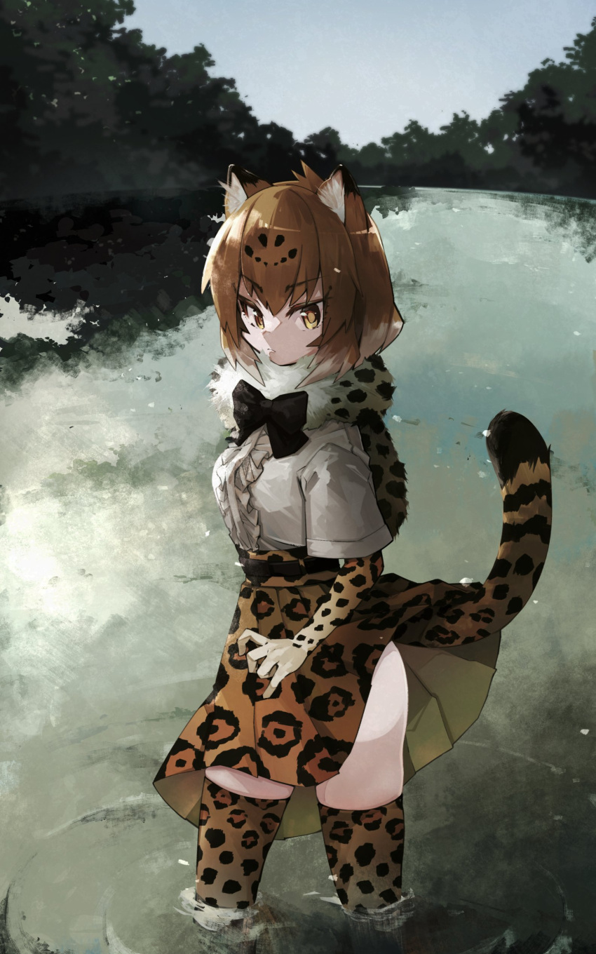 1girl absurdres animal_ears black_bow black_bowtie blonde_hair blush bow bowtie brown_hair center_frills commentary_request eyebrows_visible_through_hair foliage frills fur_collar high-waist_skirt highres jaguar_(kemono_friends) jaguar_ears jaguar_girl jaguar_print jaguar_tail kemono_friends multicolored_hair nanana_(nanana_iz) print_legwear print_skirt shirt short_hair short_sleeves skirt solo tail thighhighs wading water white_fur white_shirt yellow_eyes zettai_ryouiki