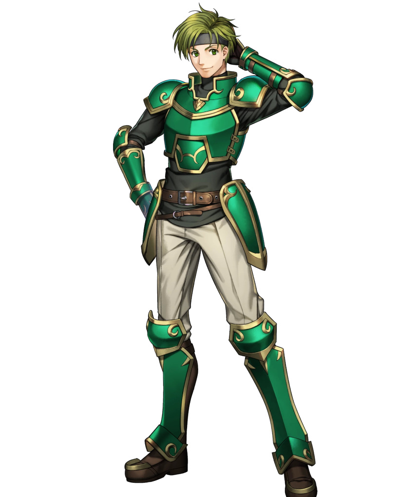 1boy arm_behind_head arm_up armor artist_request bangs boots closed_mouth elbow_pads fire_emblem fire_emblem:_the_blazing_blade fire_emblem_heroes full_body gauntlets gold_trim green_armor green_eyes green_hair hand_on_hip headband highres knee_boots long_sleeves looking_at_viewer male_focus non-web_source official_art pants sain_(fire_emblem) short_hair shoulder_armor smile standing transparent_background turtleneck