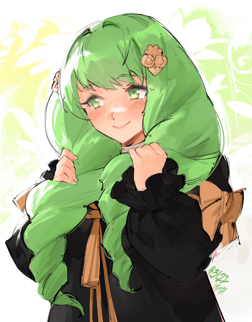 1girl absurdres bangs closed_mouth drill_hair fire_emblem fire_emblem:_three_houses flayn_(fire_emblem) garreg_mach_monastery_uniform green_eyes green_hair hair_ornament hairclip highres kenshin187 long_hair ribbon solo twin_drills upper_body