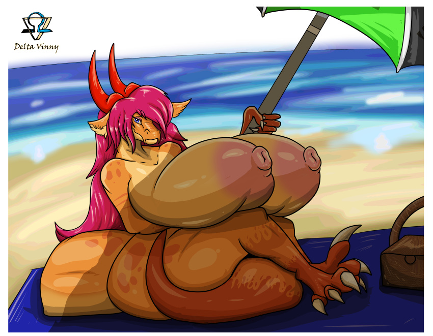 absurd_res anthro areola basket beach bedding big_areola big_breasts blanket blue_eyes breasts breasts_on_lap cherry_(bds) claws container deltavinny dragon female hair hi_res horn looking_at_viewer mature_female orange_body picnic_basket pink_hair red_horn seaside smile solo thick_tail thick_thighs umbrella