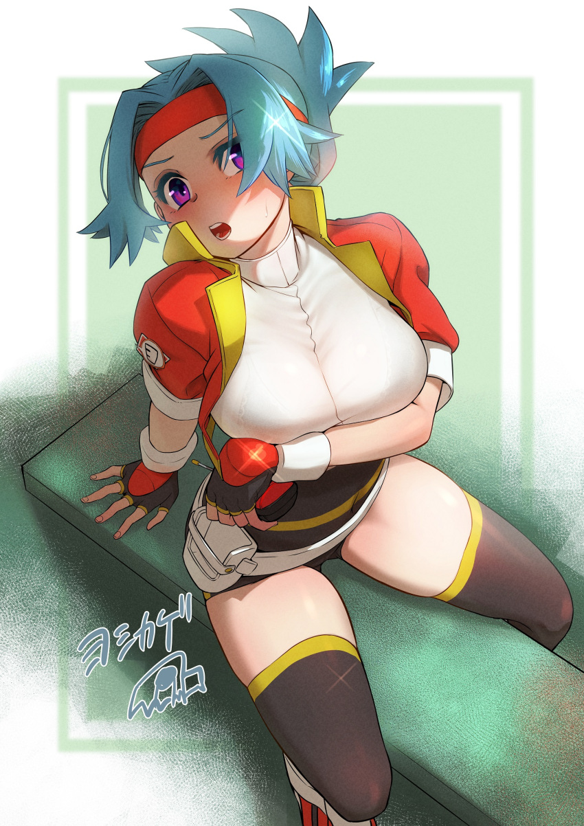 1girl arm_under_breasts black_legwear blue_hair blush eyebrows_visible_through_hair fingerless_gloves gloves headband highres jacket looking_at_viewer open_clothes open_jacket open_mouth over-kneehighs pokemon pokemon_(game) pokemon_ranger pokemon_ranger_uniform purple_eyes red_headband red_jacket sitting solana_(pokemon) solo sweatdrop thighhighs yoshikage_(yo4kage)