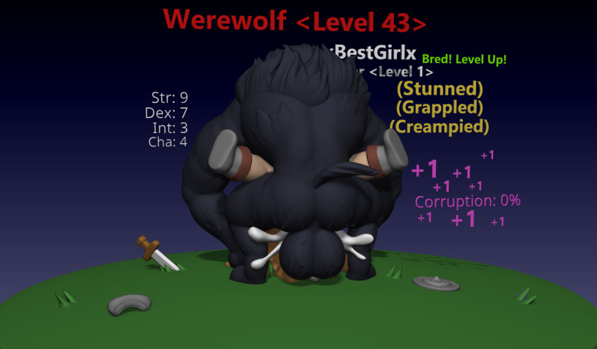 anthro armor balls big_balls big_dom_small_sub bodily_fluids canid canine canis corruption cum cum_inside cumshot dominant duo ejaculation female fizzymola fur fur_tuft gameplay_mechanics genital_fluids genitals huge_balls human impregnation larger_male legs_up level_difference level_number level_up male male/female mammal melee_weapon muscular muscular_anthro muscular_male questionable_consent sex shield size_difference smaller_female spread_legs spreading stats sword transformation tuft weapon were werecanid werecanine werewolf wolf