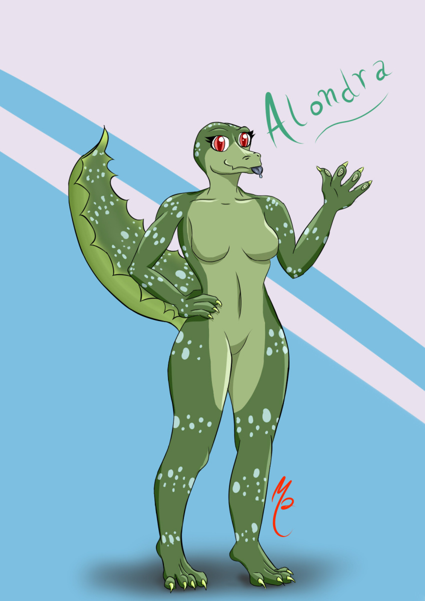 aloe_vera anthro female gecko green_body hi_res hybrid lizard looking_at_viewer marcus_poorner one_hand_up red_eyes reptile scalie simple_background smile solo tongue tongue_out