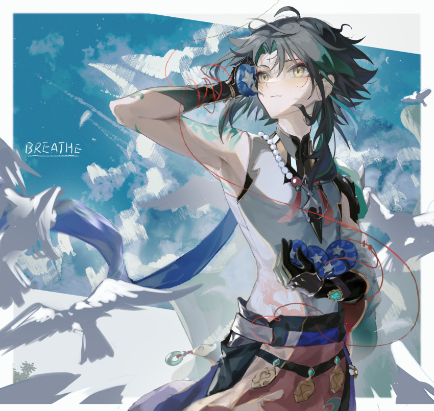 1boy arm_tattoo bangs bead_necklace beads bird black_hair closed_mouth cloud eyeshadow facial_mark forehead_mark genshin_impact gloves green_hair highres holding holding_shell jewelry makeup male_focus multicolored_hair necklace red_eyeshadow resan256 seashell shell shell_to_ear sky solo string string_of_fate tassel tattoo vision_(genshin_impact) xiao_(genshin_impact) yellow_eyes