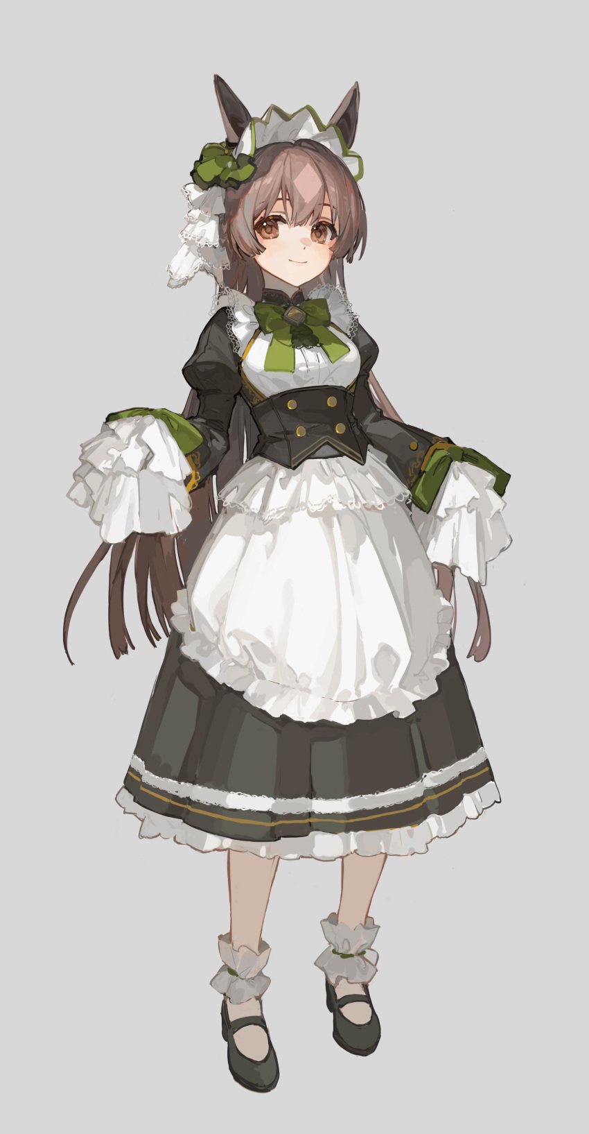 1girl absurdres alternate_costume ankle_garter apron bangs black_footwear black_skirt bow bowtie breasts brown_eyes brown_hair ciloranko closed_mouth corset full_body green_bow green_bowtie grey_background highres long_hair looking_at_viewer maid_headdress mary_janes medium_breasts satono_diamond_(umamusume) shirt shoes simple_background skirt sleeves_rolled_up smile solo umamusume waist_apron white_shirt