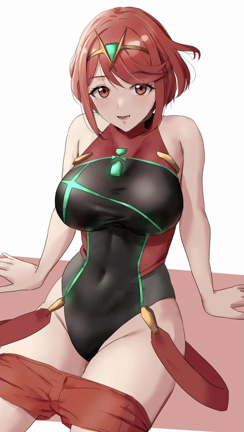 1girl absurdres bangs black_swimsuit breasts chest_jewel competition_swimsuit covered_collarbone covered_navel gem headpiece highres large_breasts one-piece_swimsuit pyra_(pro_swimmer)_(xenoblade) pyra_(xenoblade) red_eyes red_hair red_shorts red_swimsuit ribbed_swimsuit short_hair short_shorts shorts solo strapless strapless_swimsuit striped striped_swimsuit swept_bangs swimsuit thrananaart tiara two-tone_swimsuit vertical-striped_swimsuit vertical_stripes xenoblade_chronicles_(series) xenoblade_chronicles_2