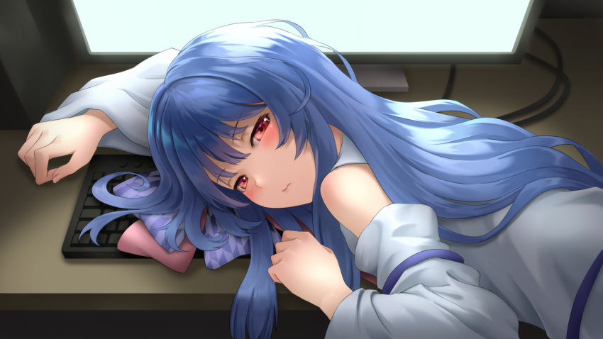 1girl bangs bare_shoulders blue_hair blush closed_mouth detached_sleeves eyebrows_visible_through_hair half-closed_eyes indoors keyboard_(computer) kotonoha_aoi kurione_(zassou) long_hair long_sleeves looking_at_viewer monitor red_eyes screen_light solo upper_body very_long_hair voiceroid