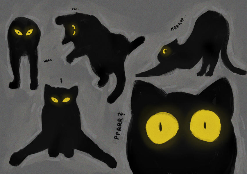 absurd_res ambiguous_gender big_eyes black_body black_fur cat_demon cute_expression cute_eyes domestic_cat felid feline felis feral fur glowing glowing_eyes group hi_res mammal pupils purring sketch sketch_page slit_pupils stretching umbraunderscore yellow_eyes