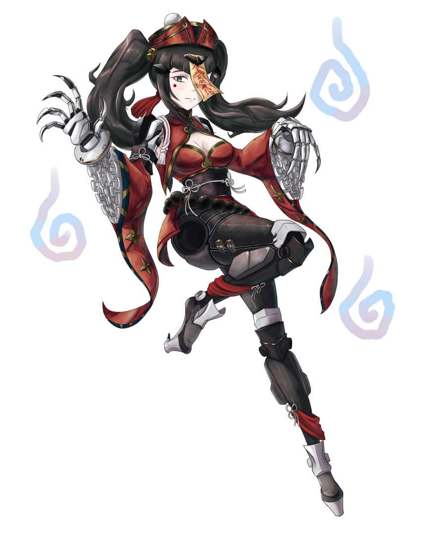 1girl bangs black_hair breasts closed_mouth cyborg dated_commentary english_commentary eyebrows_visible_through_hair full_body girls'_frontline grey_eyes hair_ornament hairclip halloween halloween_costume haonfest happy_halloween highres jiangshi long_hair looking_at_viewer machine mecha_musume mechanical_arms mechanical_legs medium_breasts nyto_(generic)_(girls'_frontline) nyto_(girls'_frontline) nyto_argentus_(girls'_frontline)_(haonfest) original paradeus prosthesis prosthetic_arm prosthetic_leg red_headwear solo standing standing_on_one_leg twintails white_background wide_sleeves