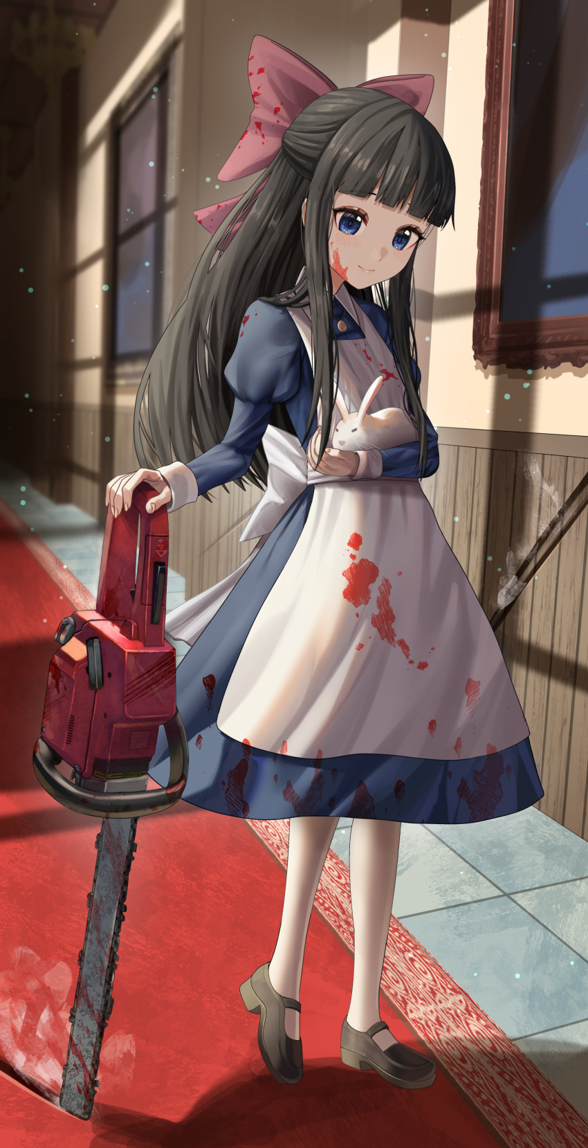 absurdres animal apron aya_drevis bangs black_hair blood blood_on_clothes blood_on_face blue_dress blue_eyes blunt_bangs bow carrying chainsaw dress full_body hair_bow half_updo hallway highres holding holding_animal holding_chainsaw long_hair long_sleeves mad_father mary_janes medium_dress pantyhose pink_bow puffy_sleeves rabbit shoes sidelocks silvertsuki smile standing white_apron white_legwear