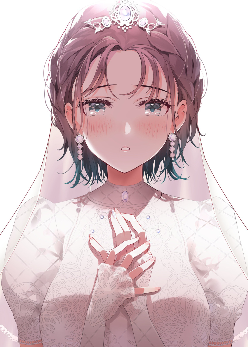 1girl :o absurdres asakura_toru blush braid bridal_gauntlets bridal_veil bride dress forehead highres idolmaster idolmaster_shiny_colors light_purple_hair looking_at_viewer own_hands_together puni_(punycolors) short_hair simple_background solo tiara upper_body veil wedding_dress white_dress