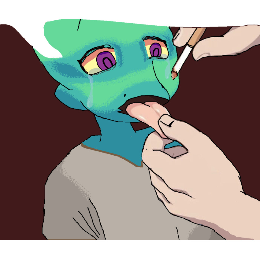 abuse bodily_fluids cigarette crying female hi_res humor kobold moe_(kobold_adventure) moepoe purple_eyes solo tears tongue