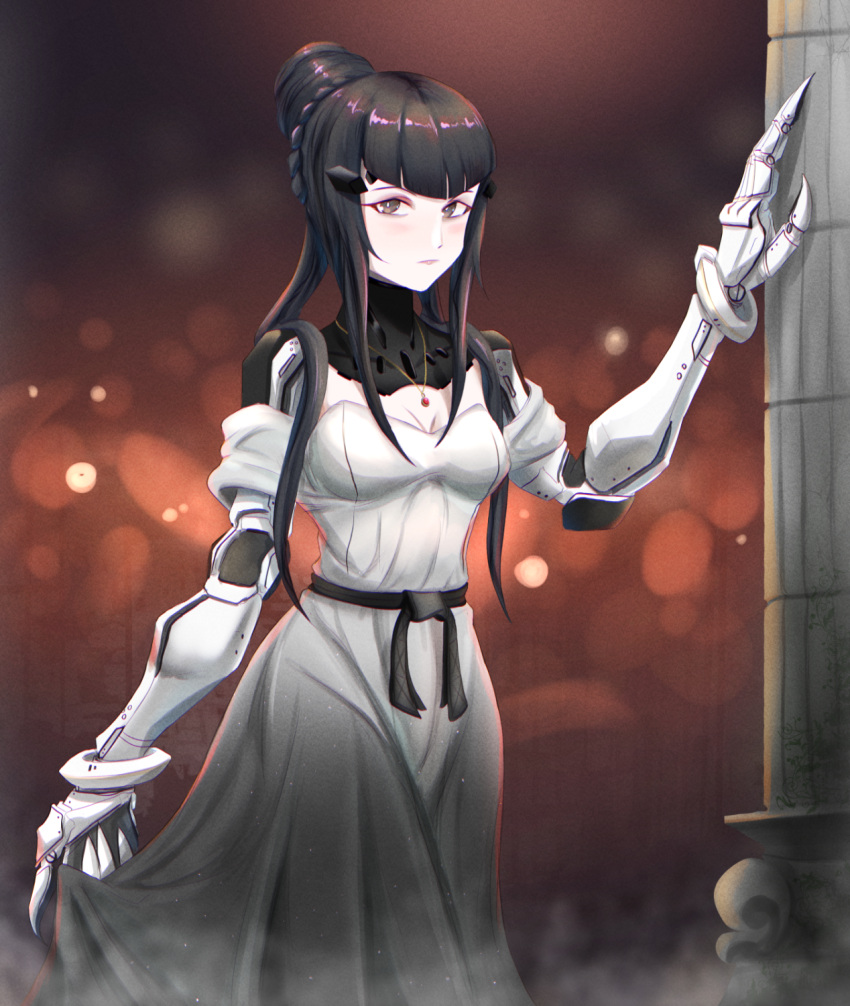 1girl bangs black_hair braid breasts closed_mouth clothes_lift dated_commentary dress dress_lift english_commentary eyebrows_visible_through_hair feet_out_of_frame girls'_frontline grey_eyes hair_bun hair_ornament haonfest highres jewelry lips long_hair looking_at_viewer machine mechanical_arms medium_breasts necklace nyto_(generic)_(girls'_frontline) nyto_(girls'_frontline) nyto_argentus_(girls'_frontline)_(haonfest) original paradeus simple_background solo standing white_dress