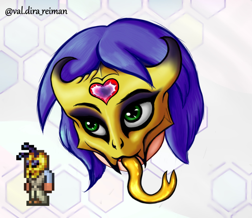 absurd_res crystal crystal_heart female green_eyes hair hi_res human mammal mask not_furry purple_hair simple_background solo solo_focus terraria tongue val'dira