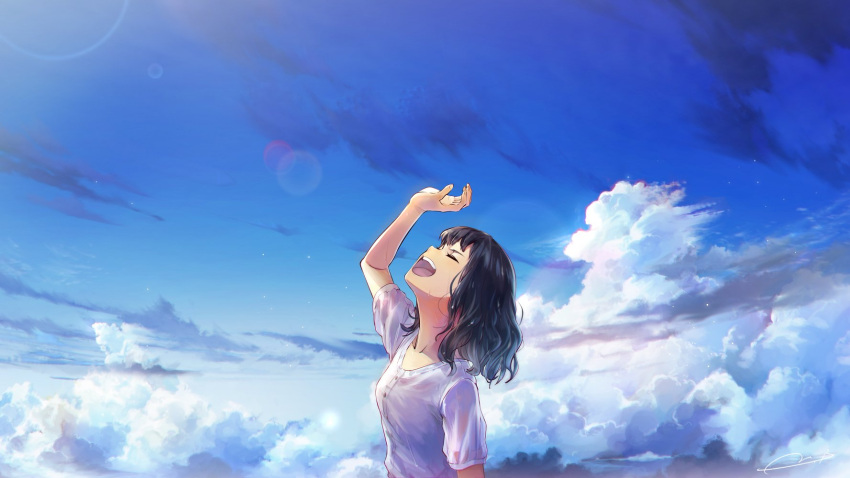 1girl artist_name bangs black_hair blue_sky buttons closed_eyes cloud collarbone facing_up from_side henceforth_(vocaloid) highres lens_flare m.b medium_hair open_mouth signature sky smile solo sweat teeth upper_body upper_teeth wavy_hair