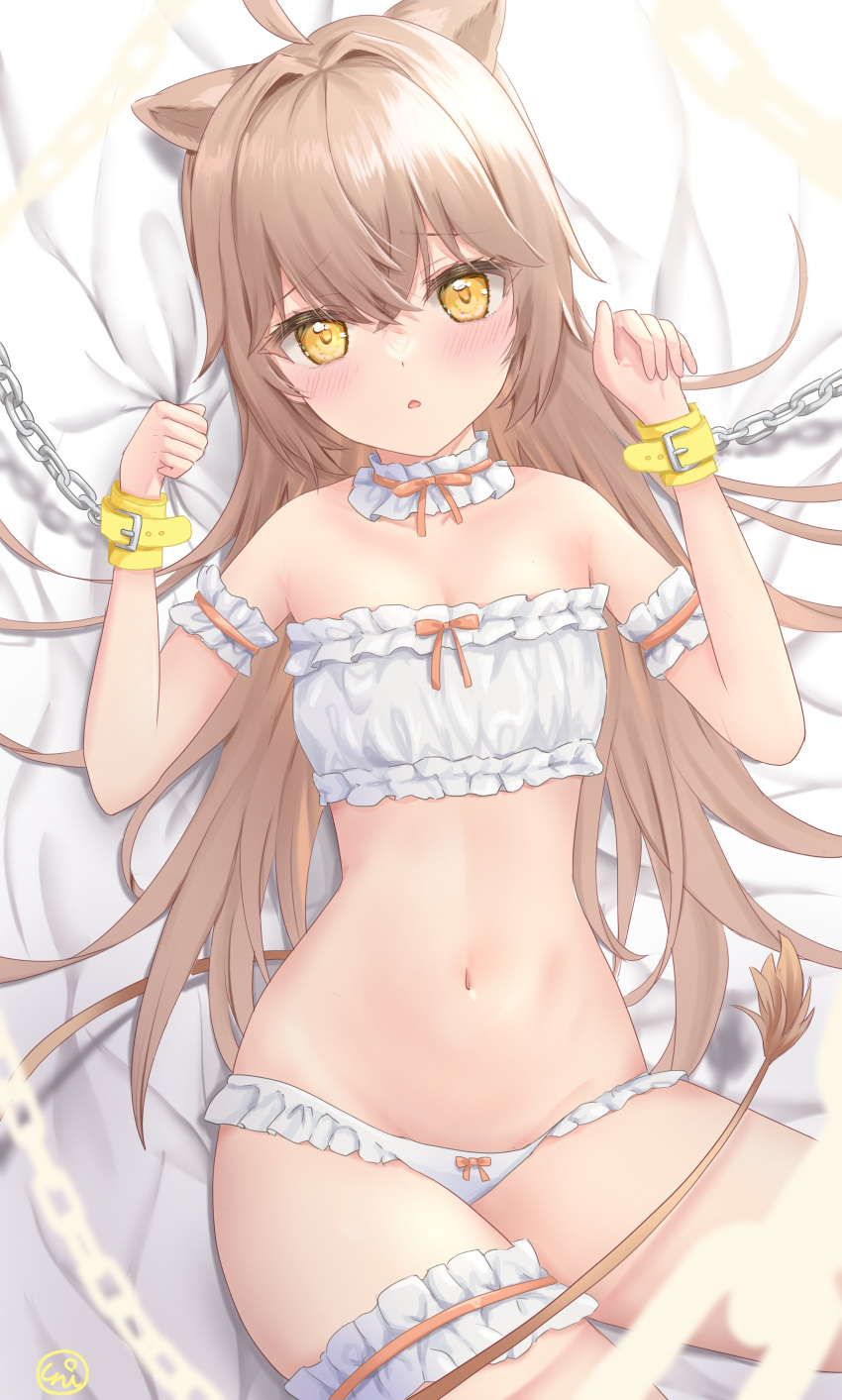 1girl absurdres ahoge animal_ears arm_garter bandeau bare_shoulders bound bra brown_hair choker cuffs frilled_bra frilled_choker frilled_panties frills handcuffs hands_up highres indie_virtual_youtuber leg_garter lion_ears lion_girl lion_tail long_hair looking_at_viewer lying navel on_back panties parted_lips restrained rurudo_lion solo stomach strapless strapless_bra tail tube_top underwear underwear_only uni_ikura very_long_hair virtual_youtuber white_bra white_panties yellow_eyes