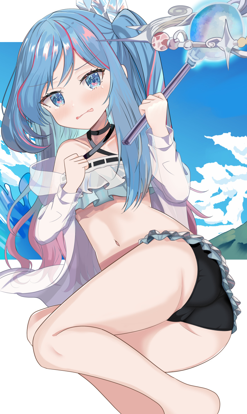 1girl absurdres ass aventador blue_eyes blue_hair blush cameltoe duel_monster flat_chest frilled_swimsuit frills hair_streaks highres holding holding_wand jacket long_hair looking_at_viewer midriff multicolored_hair navel red_hair side_ponytail solo swimsuit translucent wand witchcrafter_madame_verre yu-gi-oh!