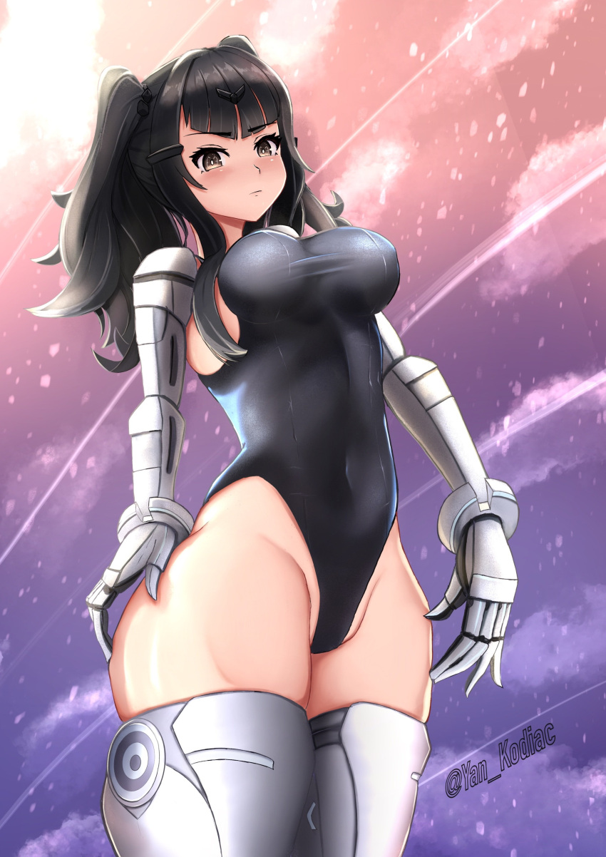 1girl absurdres artist_name bangs black_eyes black_hair black_swimsuit blush breasts closed_mouth competition_swimsuit covered_navel cyborg eyebrows_visible_through_hair feet_out_of_frame from_below girls'_frontline hair_ornament hairclip highres large_breasts long_hair looking_at_viewer machine mecha_musume mechanical_arms mechanical_legs nyto_(generic)_(girls'_frontline) nyto_(girls'_frontline) nyto_argentus_(girls'_frontline)_(haonfest) one-piece_swimsuit original paradeus prosthesis prosthetic_arm prosthetic_leg solo standing swimsuit thighs twintails yan_kodiac