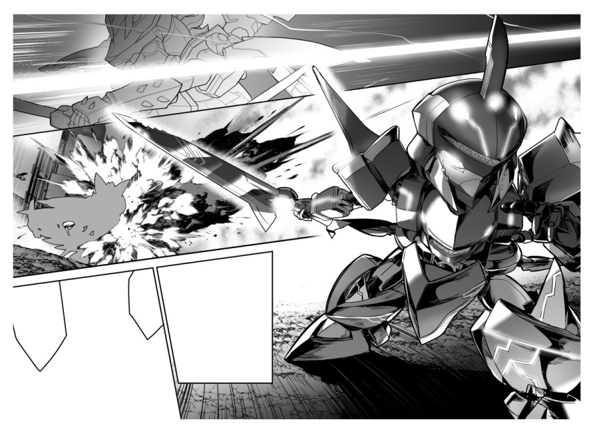 explosion glowing glowing_eye greyscale gyakuten_sekai_no_denchi_shoujo holding holding_sword holding_weapon lefthand looking_ahead mecha monochrome no_humans official_art open_hand science_fiction shark_1 sword unfinished weapon white_wolf_(gyakuten_sekai_no_denchi_shoujo)