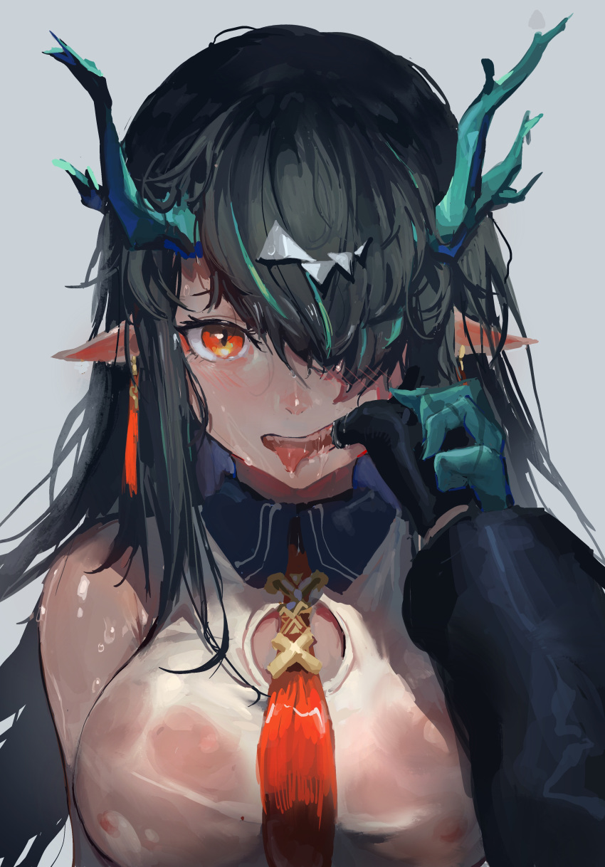 1girl 1other absurdres arknights bare_shoulders black_gloves black_hair blush breasts colored_skin doctor_(arknights) dragon_horns dress dusk_(arknights) finger_in_another's_mouth furioso gloves green_skin grey_background hair_over_one_eye hand_grab highres horns large_breasts long_hair looking_at_viewer mouth_pull necktie nipples open_mouth panties pointy_ears red_eyes red_necktie saliva see-through simple_background sleeveless sleeveless_dress solo_focus teeth tongue tongue_out underwear upper_body very_long_hair wet wet_clothes wet_dress white_panties