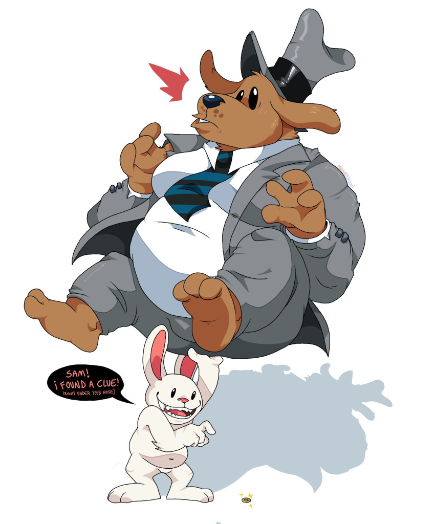 2022 anthro belly big_belly black_nose bottomwear brown_body canid canine canis carrying clothing domestic_dog duo hi_res lagomorph leporid lewdookami male mammal max_(sam_and_max) moobs necktie overweight overweight_male pants rabbit sam_and_max samuel_dog shirt simple_background size_difference surprise topwear white_body