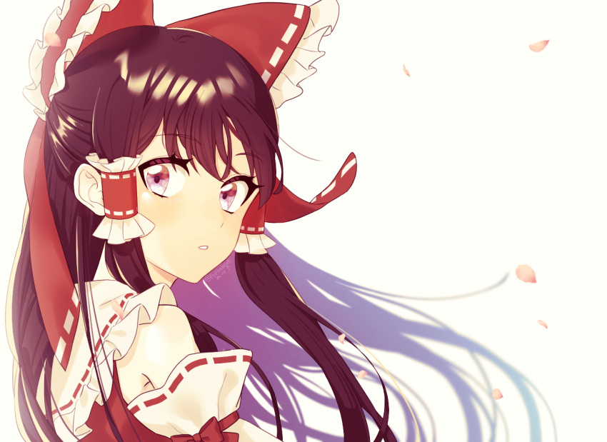 1girl alternate_eye_color bangs bare_shoulders blush bow brown_hair closed_mouth collared_dress commentary_request detached_sleeves dress eyebrows_visible_through_hair eyes_visible_through_hair frills gradient gradient_background hair_between_eyes hair_ornament hair_tubes hakurei_reimu long_hair long_sleeves looking_to_the_side nupeya petals purple_eyes red_bow red_dress solo teeth touhou upper_body white_background wide_sleeves yellow_background