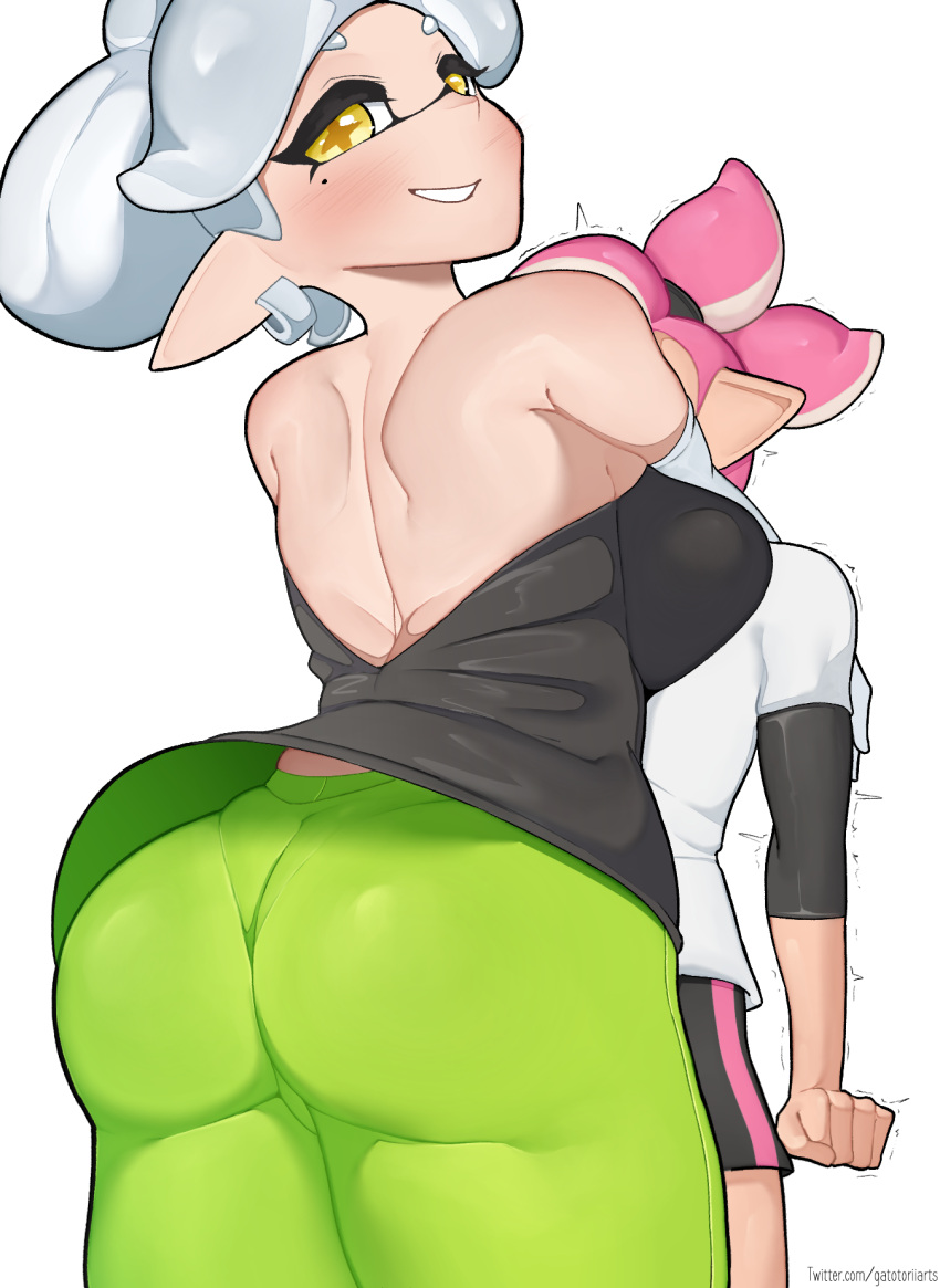 big_butt bottomwear breasts butt cephalopod clothed clothing duo ear_piercing ear_ring female gatotorii hi_res inkling larger_female marie_(splatoon) marine mollusk nintendo pants piercing shirt simple_background size_difference splatoon topwear video_games white_background