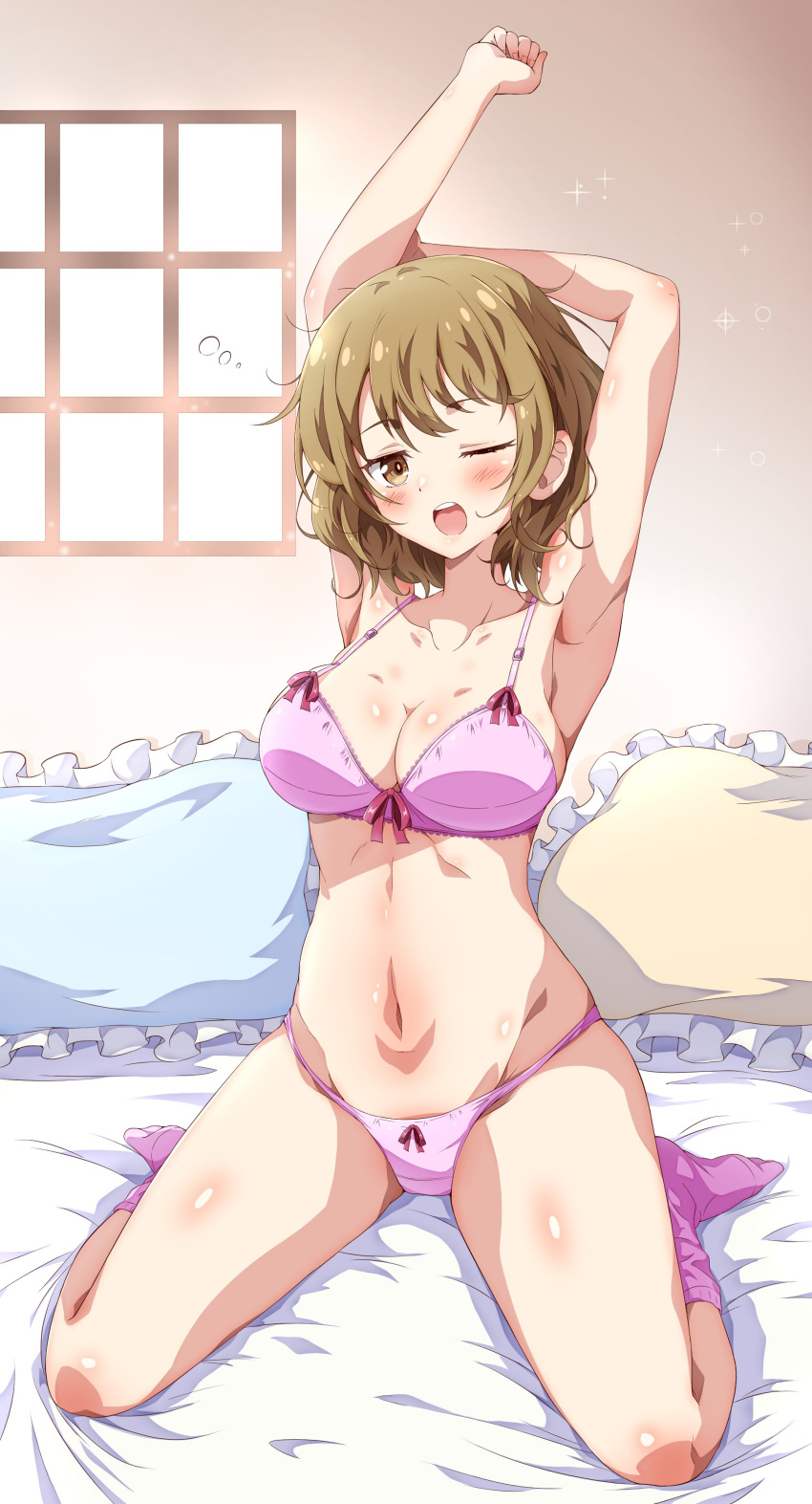 1girl absurdres arm_behind_head armpits arms_up bangs bare_arms blush bra breasts brown_eyes brown_hair cleavage collarbone commentary_request commission eggman_(pixiv28975023) full_body highres indoors looking_at_viewer navel on_bed one_eye_closed open_mouth original panties pillow pink_bra pink_legwear pink_panties short_hair sitting socks solo thighs underwear waking_up wariza yawning