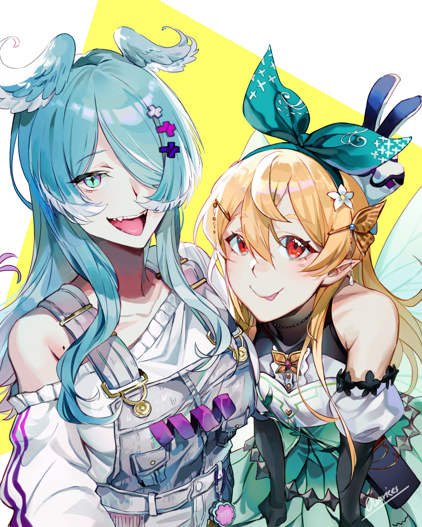 2girls absurdres bangs black_gloves blonde_hair blue_eyes blue_hair breasts brown_eyes butterfly_hair_ornament dragon_girl elbow_gloves elira_pendora eyebrows_visible_through_hair eyelashes fairy fairy_wings fangs gloves green_ribbon green_skirt grey_overalls hair_ornament hair_over_one_eye hair_ribbon halter_top halterneck head_wings high-waist_skirt highres large_breasts long_hair looking_at_viewer mole multiple_girls nijisanji nijisanji_en off_shoulder one_eye_covered overall_shorts overalls owariees pointy_ears pomu_rainpuff ribbon skirt smile sweater tongue tongue_out v virtual_youtuber white_background white_sweater wings x_hair_ornament yellow_background