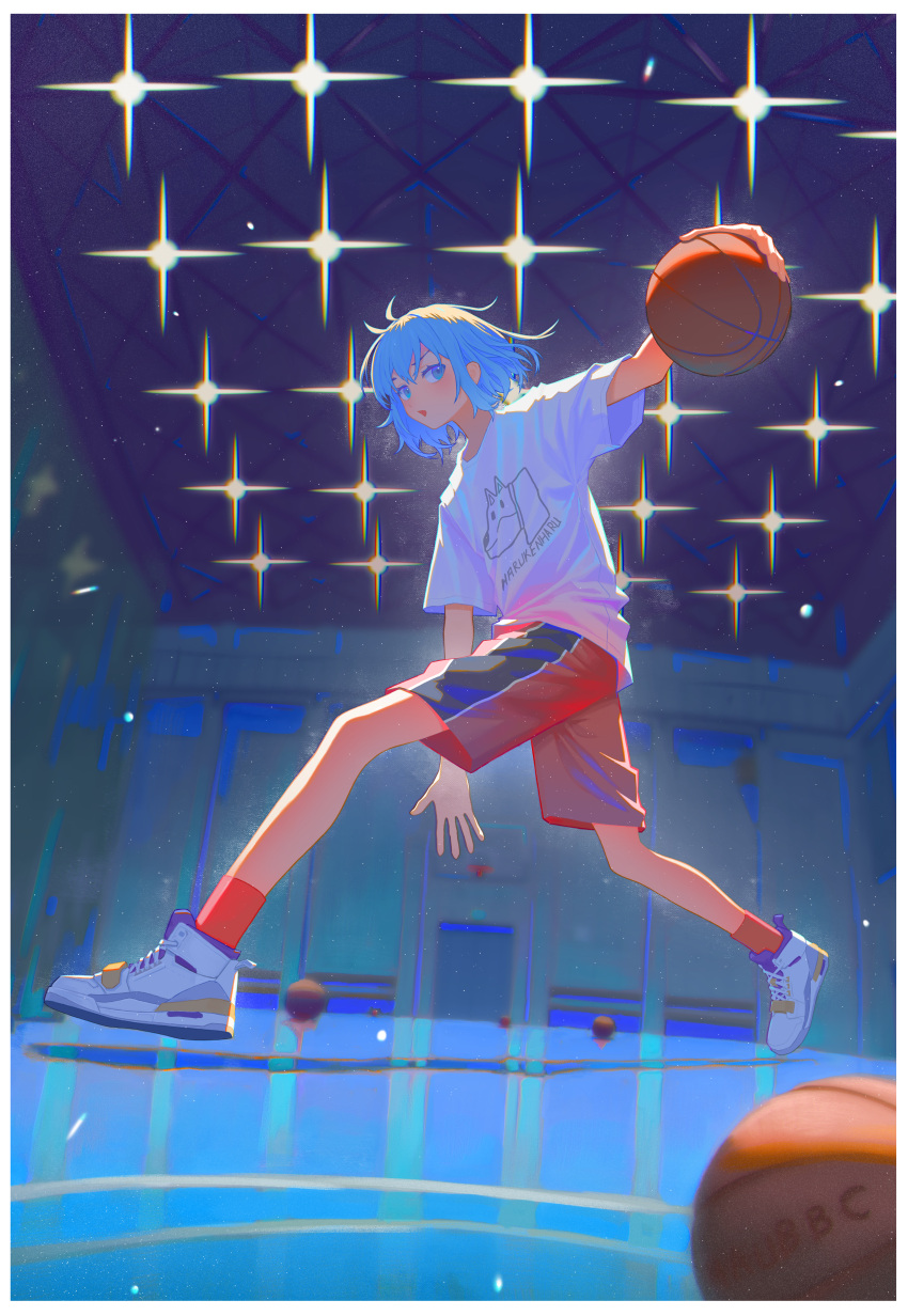 1girl absurdres aqua_eyes aqua_hair ball bangs basketball border full_body hair_between_eyes highres holding holding_ball indoors medium_hair original parted_lips red_legwear shirt shoes short_sleeves shorts shunken_he sneakers socks solo sportswear t-shirt white_border white_footwear white_shirt