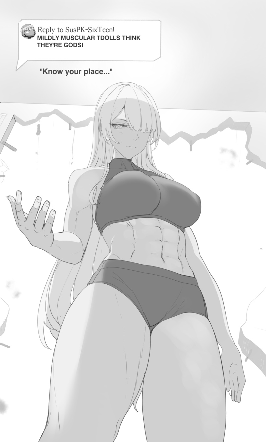 1girl abs ak-15_(girls'_frontline) breasts broken_wall chiyo_goya english_text girls'_frontline greyscale gym_uniform hair_over_one_eye highres hole_in_wall large_breasts leanbeefpatty long_hair looking_at_viewer meme mildly_muscular_women_think_they're_gods_(meme) monochrome muscular muscular_female shaded_face simple_background solo tiktok