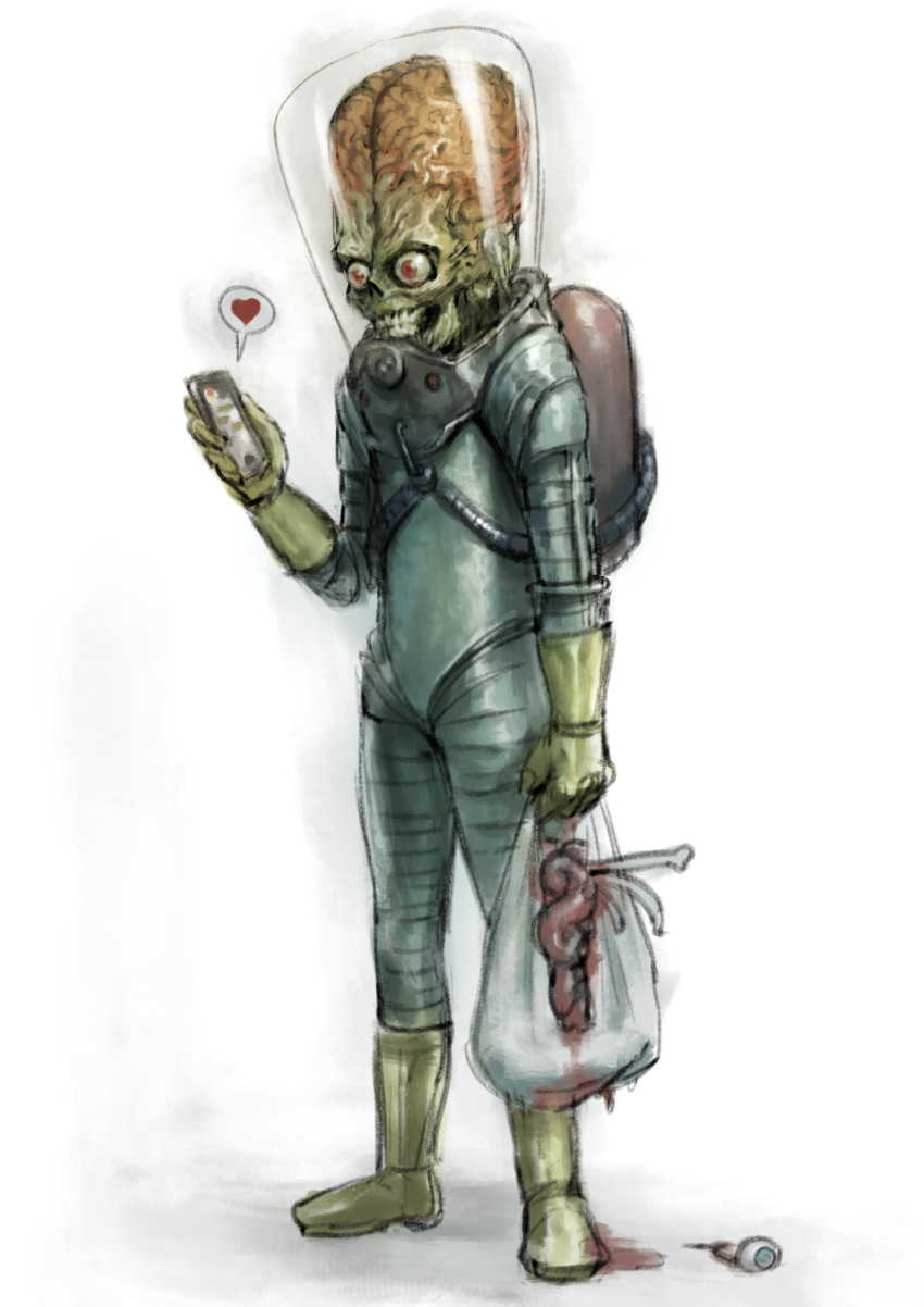 1other alien bag cellphone exposed_brain eyeball gloves grin grocery_bag guro heart highres holding holding_phone intestines original phone red_eyes shopping_bag simple_background skull smartphone smile spacesuit spoken_heart tianzhong_zhongtian white_background yellow_gloves