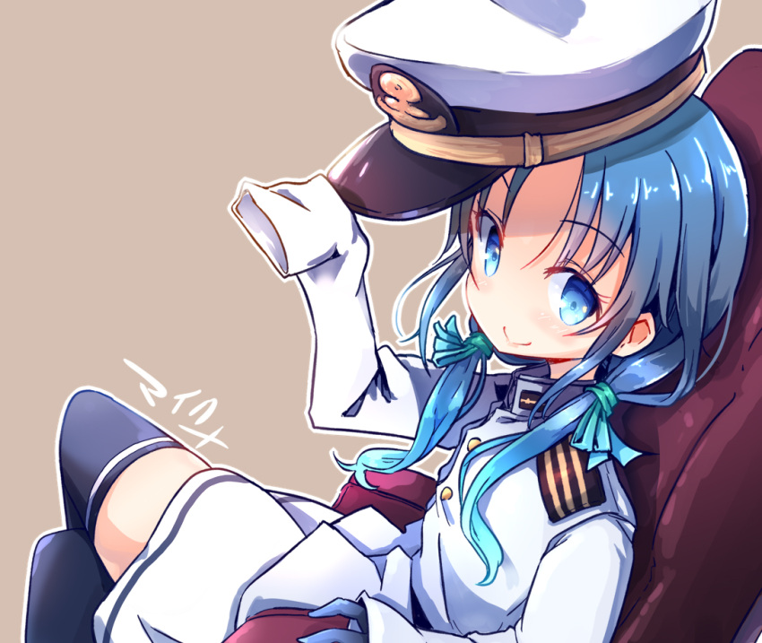 1girl admiral_(kancolle) admiral_(kancolle)_(cosplay) black_legwear blue_eyes blue_hair cosplay hat jacket kantai_collection long_hair low_twintails maiku military military_uniform naval_uniform peaked_cap ribbon sitting skirt sleeves_past_fingers sleeves_past_wrists solo suzukaze_(kancolle) thighhighs twintails uniform white_headwear white_jacket white_skirt