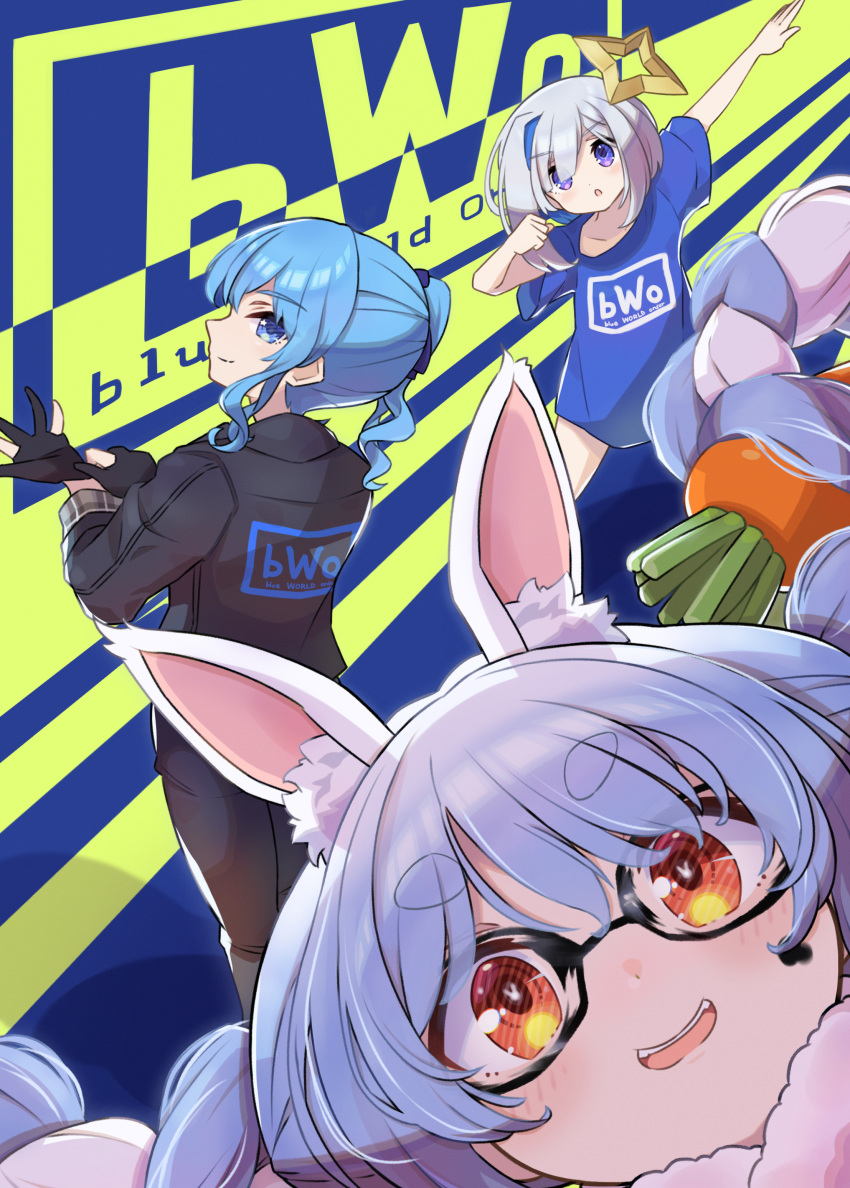 absurdres amane_kanata animal_ears blue_hair blush carrot_hair_ornament food-themed_hair_ornament glasses gorirasaru440 hair_ornament highres hololive hoshimachi_suisei new_world_order_(wrestling) open_mouth orange_eyes parody rabbit_ears smile trait_connection usada_pekora virtual_youtuber wwe