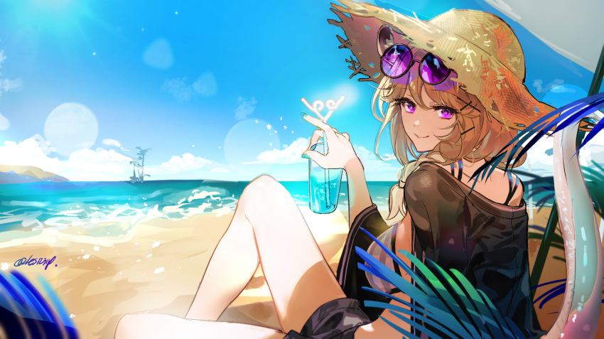 1girl aqua_nails arknights bare_legs beach beach_umbrella bikini black_jacket blonde_hair blue_sky braid breasts brown_headwear closed_mouth crazy_straw cup day drink drinking_glass drinking_straw eyewear_on_head from_behind grey_bikini hat highres holding holding_cup jacket knee_up lack_shorts large_breasts lens_flare long_hair long_sleeves looking_at_viewer looking_back nail_polish off_shoulder official_alternate_costume open_clothes open_jacket outdoors purple-tinted_eyewear purple_eyes round_eyewear short_shorts shorts side_braid sideboob signature single_bare_shoulder sitting sky smile solo straw_hat striped striped_bikini sunglasses swimsuit tail tinted_eyewear twice12314 umbrella utage_(arknights) utage_(summer_flowers)_(arknights) vertical-striped_bikini vertical_stripes water