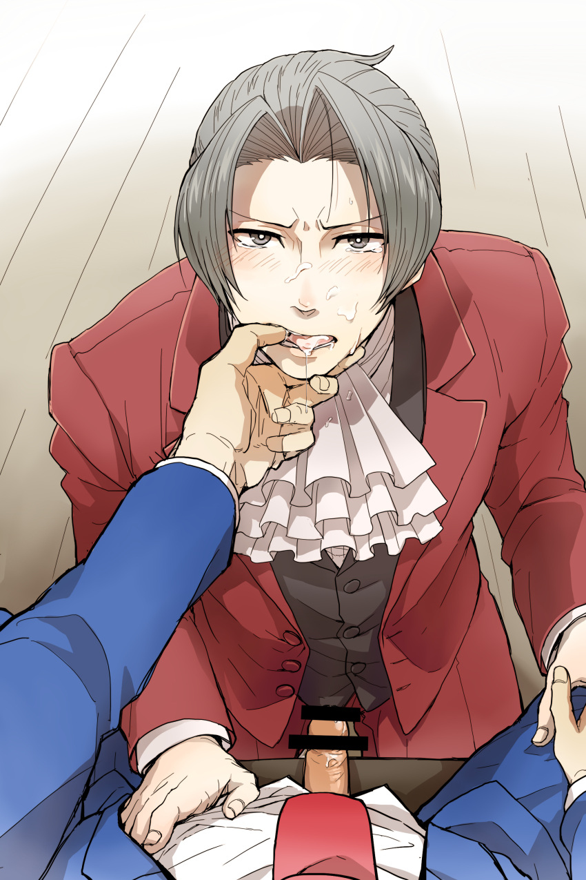 absurdres ace_attorney ascot chizuma cum facial formal grey_eyes hand_on_another's_cheek hand_on_another's_face highres implied_fellatio jacket male_focus miles_edgeworth out_of_frame penis phoenix_wright pov pov_hands red_jacket solo_focus yaoi