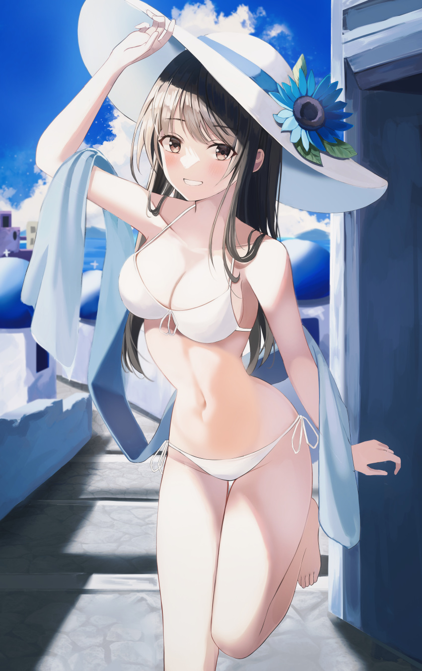 1girl absurdres bangs barefoot bikini blue_flower blush breasts brown_eyes brown_hair cleavage cloud collarbone eyebrows_visible_through_hair flower foot_out_of_frame front-tie_top grin groin halterneck hand_on_headwear hat hat_flower highres leepy long_hair looking_at_viewer medium_breasts midriff navel original outdoors side-tie_bikini sky smile solo stomach string_bikini sun_hat sunflower sunlight swimsuit thighs toes white_bikini