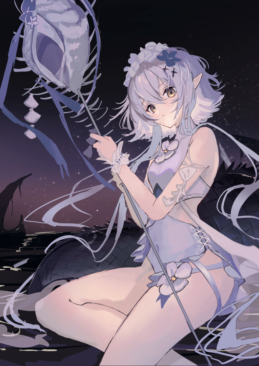 1girl absurdres armlet bangs bare_shoulders black_flower casual_one-piece_swimsuit closed_mouth covered_navel crocodilian_tail eyebrows_visible_through_hair feet_out_of_frame flower grey_hair grey_swimsuit hair_flower hair_ornament highres holding holding_staff large_tail long_hair looking_at_viewer natsuba002 night night_sky official_alternate_costume one-piece_swimsuit outdoors pointy_ears seashell shell sitting sky solo staff swimsuit tail tomimi_(arknights) tomimi_(silent_night)_(arknights) water white_flower wrist_cuffs yellow_eyes