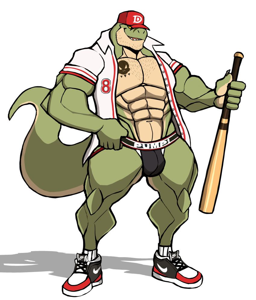 2022 abs absurd_res anthro baseball_(sport) baseball_bat baseball_cap bat_(object) big_muscles body_hair bulge chest_hair clothed clothing darknaigart dinosaur english_text facial_hair footwear hat headgear headwear hi_res holding_object jace_(darknaig) jockstrap male muscular muscular_anthro muscular_male navel number obliques open_clothing open_shirt open_topwear pecs plantigrade reptile scalie shadow shirt shoes simple_background smile smirk socks solo sport standing tattoo text text_on_clothing text_on_jockstrap text_on_underwear theropod thick_thighs topwear tyrannosaurid tyrannosaurus tyrannosaurus_rex underwear white_background