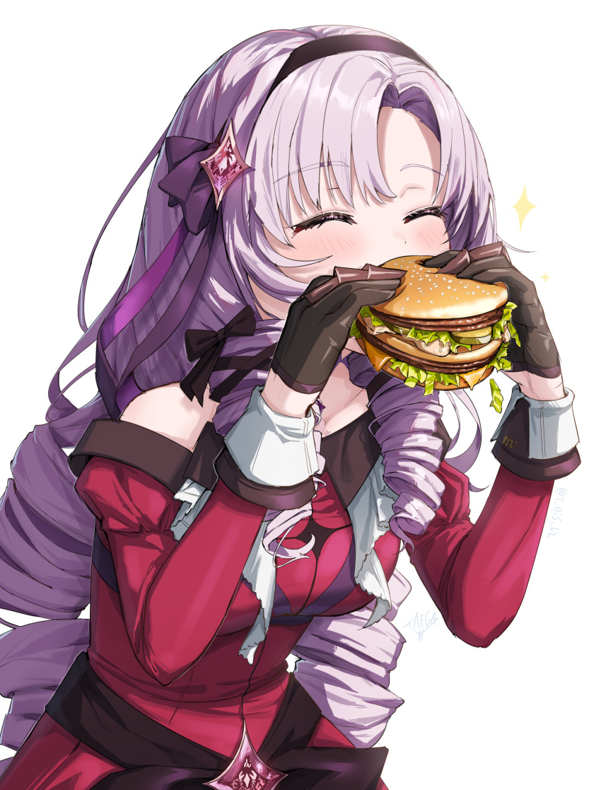 1girl bangs bare_shoulders big_mac black_gloves black_hairband black_ribbon blush breasts burger closed_eyes collarbone commentary_request cowboy_shot dress drill_hair eating eyebrows_visible_through_hair food gloves hair_ornament hair_ribbon hairband highres holding holding_food hyakumantenbara_salome long_hair long_sleeves medium_breasts nijisanji off-shoulder_dress off_shoulder parted_bangs purple_hair red_dress ribbon solo sparkle taiga_(ryukyu-6102-8) upper_body very_long_hair virtual_youtuber