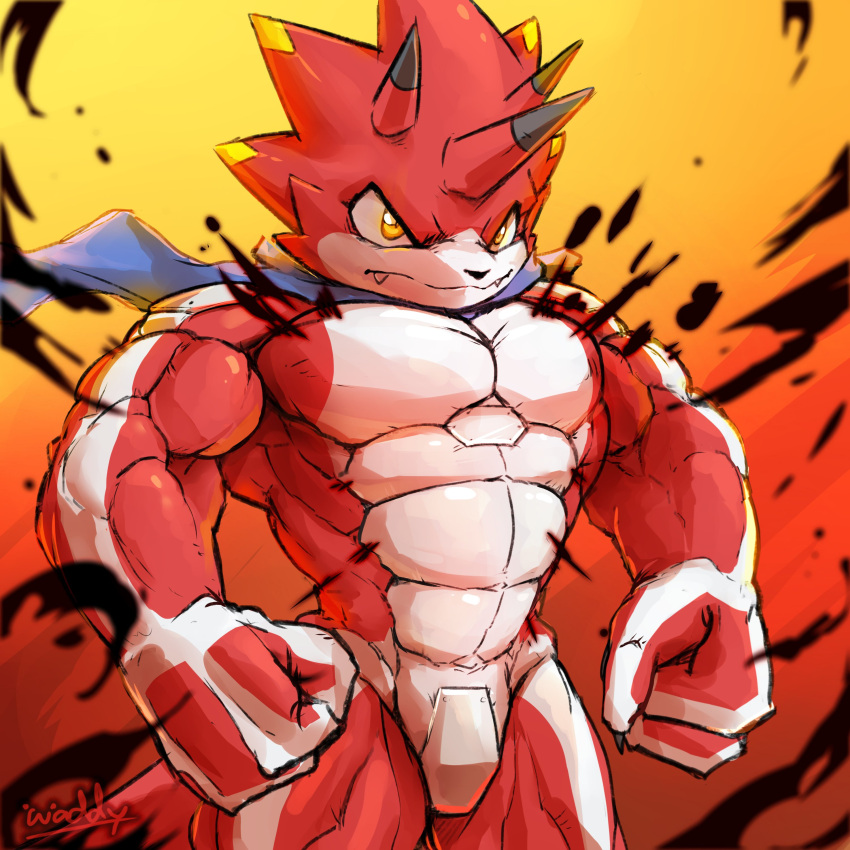 abs absurd_res angry anthro bandai_namco betelgammamon codpiece digimon digimon_ghost_game fist flexing glare hi_res horn male muscular muscular_anthro muscular_male pecs red_body scarf solo waddledox yellow_eyes