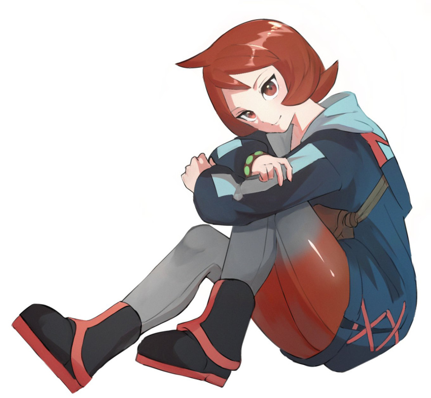 1girl arezu_(pokemon) bangs black_footwear boots brown_bag brown_eyes brown_hair closed_mouth commentary_request cowlick from_side highres hood hood_down hooded_jacket horezai jacket knees long_sleeves pantyhose pokemon pokemon_(game) pokemon_legends:_arceus shiny shiny_hair short_hair simple_background sitting smile solo two-tone_legwear white_background